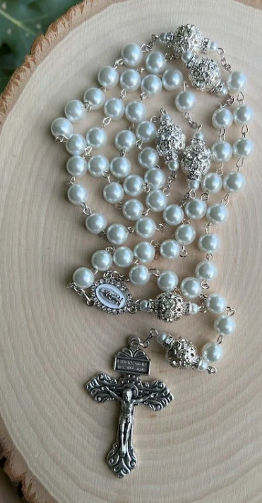 Handmade White Pearl Rosary | Our Lady of Guadalupe | Wedding, Baptism & Catholic Gift - Rosaries by Minnette