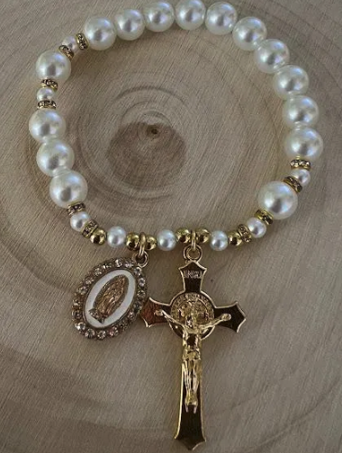 Our Lady of Guadalupe stretch rosary bracelet with white pearl beads and crucifix, perfect for baptism or confirmation gift