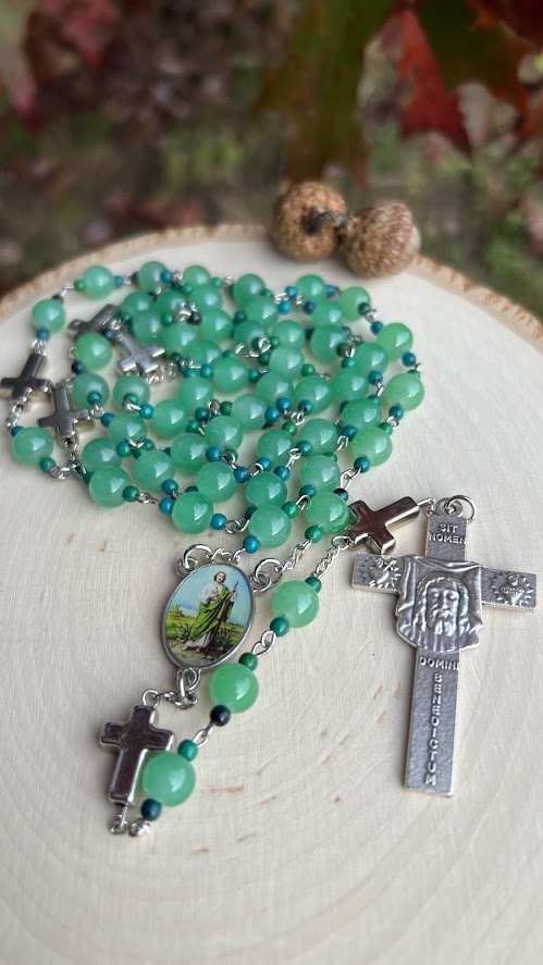 Handmade St. Jude Thaddeus Rosary – Green Crystal Beads with Holy Face Crucifix | Catholic Prayer Gift for Hope & Faith