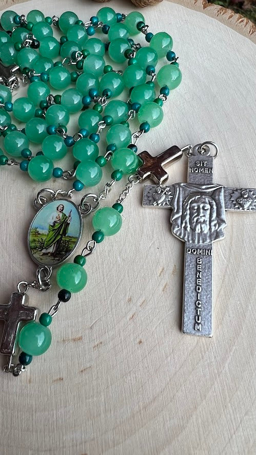 Handmade St. Jude Thaddeus Rosary – Green Crystal Beads with Holy Face Crucifix | Catholic Prayer Gift for Hope & Faith