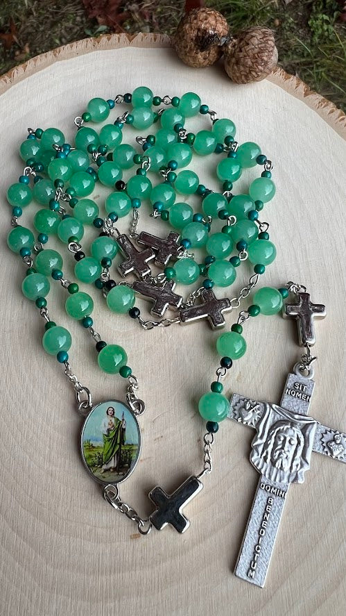 Handmade St. Jude Thaddeus Rosary – Green Crystal Beads with Holy Face Crucifix | Catholic Prayer Gift for Hope & Faith