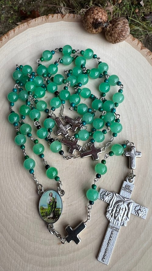 Handmade St. Jude Thaddeus Rosary – Green Crystal Beads with Holy Face Crucifix | Catholic Prayer Gift for Hope & Faith