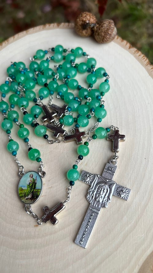 Handmade St. Jude Thaddeus Rosary – Green Crystal Beads with Holy Face Crucifix | Catholic Prayer Gift for Hope & Faith