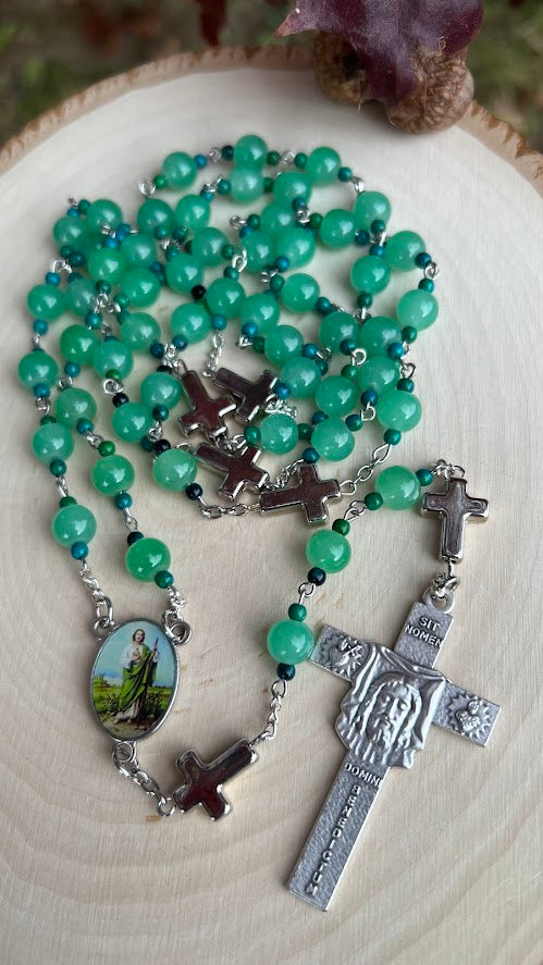 Handmade St. Jude Thaddeus Rosary – Green Crystal Beads with Holy Face Crucifix | Catholic Prayer Gift for Hope & Faith