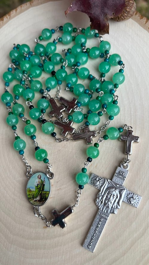 Handmade St. Jude Thaddeus Rosary – Green Crystal Beads with Holy Face Crucifix | Catholic Prayer Gift for Hope & Faith