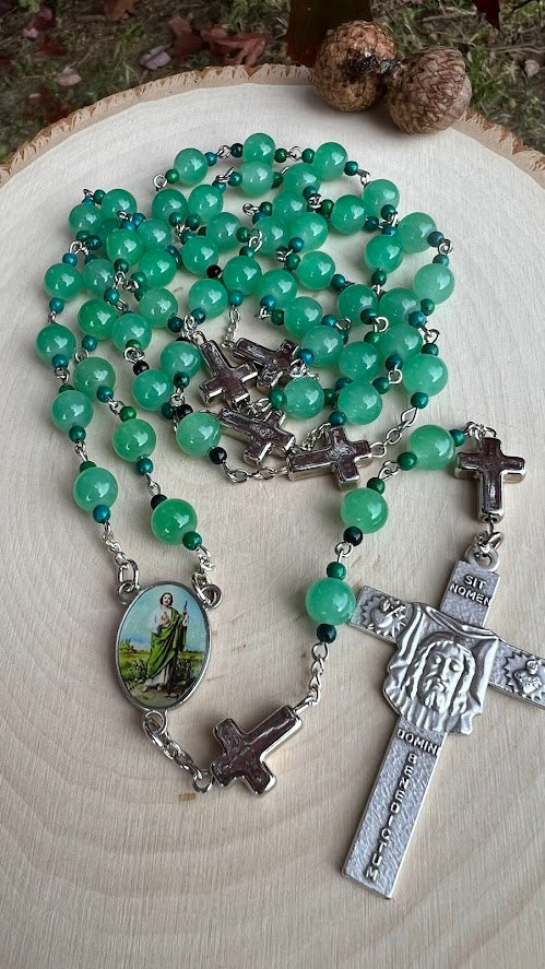 Handmade St. Jude Thaddeus Rosary – Green Crystal Beads with Holy Face Crucifix | Catholic Prayer Gift for Hope & Faith