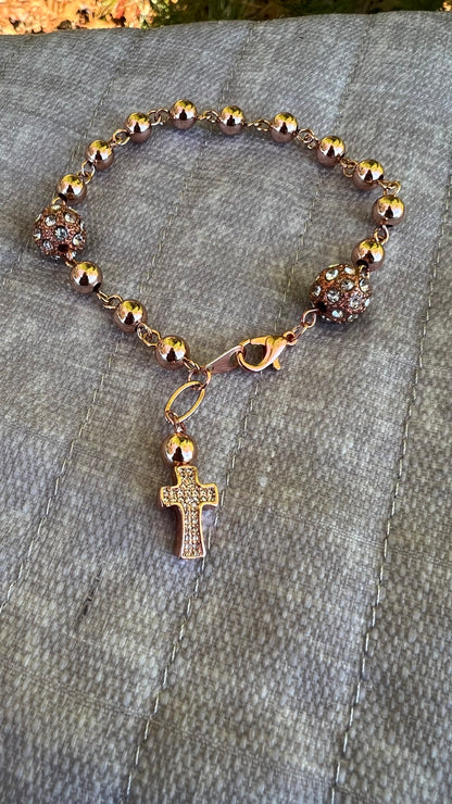 Handmade Rose Gold Rosary Bracelet –  Beads & Rhinestone Accents | Catholic Gift for Prayer | Any Occasion - Rosaries by Minnette