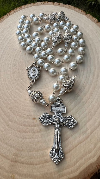 Beautiful Rosary/Our Lady of Guadalupe/White Pearls /Wedding/Catholic Rosary/Catholic Gift/Handmade/Christmas Gifts/Cyber Deals/Gifts for He - Rosaries by Minnette