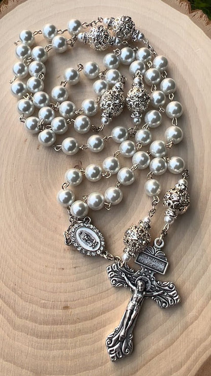 Beautiful Rosary/Our Lady of Guadalupe/White Pearls /Wedding/Catholic Rosary/Catholic Gift/Handmade/Christmas Gifts/Cyber Deals/Gifts for He - Rosaries by Minnette