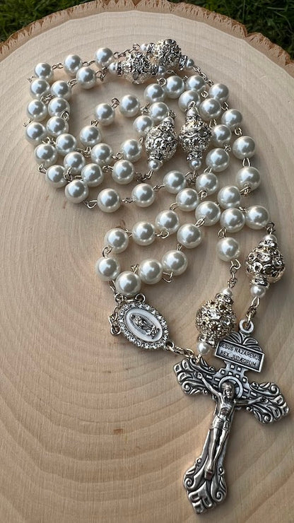 Beautiful Rosary/Our Lady of Guadalupe/White Pearls /Wedding/Catholic Rosary/Catholic Gift/Handmade/Christmas Gifts/Cyber Deals/Gifts for He - Rosaries by Minnette