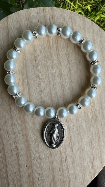 Beautiful Stretch Bracelet Lady of Miracle Medal/Stretch Bracelet/Handmade/Wedding Bracelet/Rare Fine/Anniversary/Present for Her/Wedding - Rosaries by Minnette