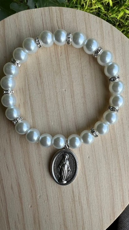 Beautiful Stretch Bracelet Lady of Miracle Medal/Stretch Bracelet/Handmade/Wedding Bracelet/Rare Fine/Anniversary/Present for Her/Wedding - Rosaries by Minnette