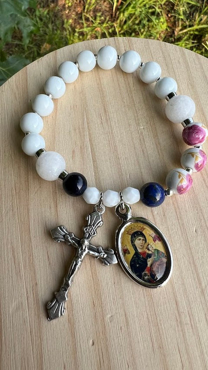 Stretch Rosary Bracelet – Our Lady of Perpetual Help with White Glass Beads | Devotional Catholic Gift - Rosaries by Minnette