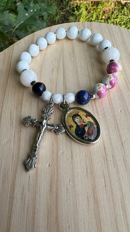 Stretch Rosary Bracelet – Our Lady of Perpetual Help with White Glass Beads | Devotional Catholic Gift - Rosaries by Minnette