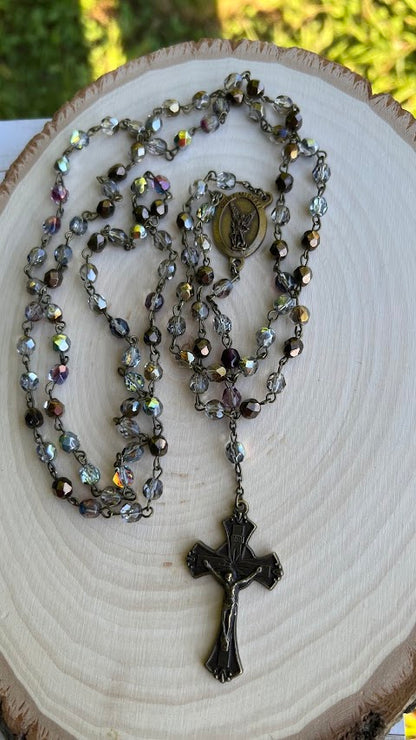 Handmade Catholic rosary with iridescent glass beads, metal crucifix, and religious medallion – perfect for prayer, First Communion, Confirmation, or thoughtful Catholic gifts.