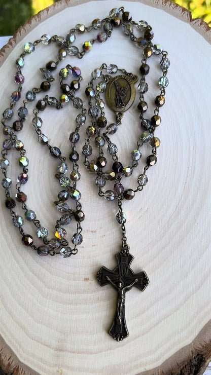 Handmade Catholic rosary with iridescent glass beads, metal crucifix, and religious medallion – perfect for prayer, First Communion, Confirmation, or thoughtful Catholic gifts.