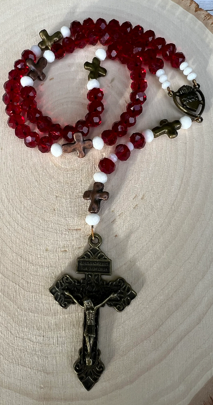 Handmade Vintage Sacred Heart Rosary – Red Crystal Catholic Prayer Beads - Rosaries by Minnette