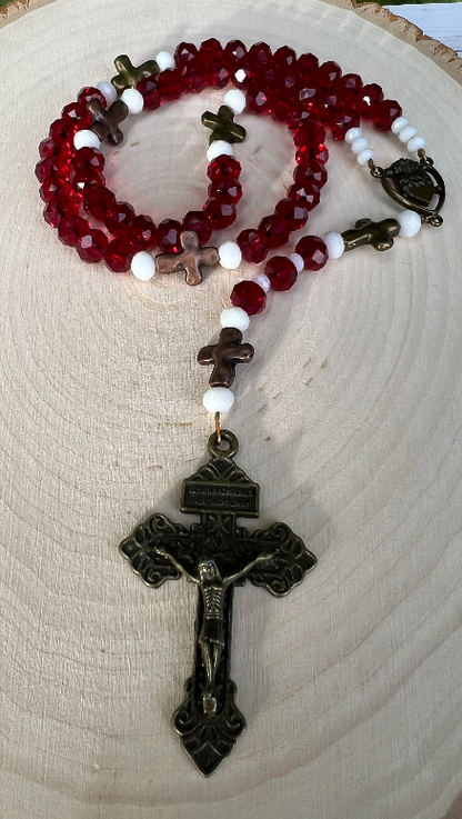 Handmade Vintage Sacred Heart Rosary – Red Crystal Catholic Prayer Beads - Rosaries by Minnette