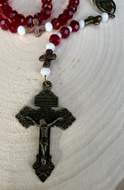 Handmade Vintage Sacred Heart Rosary – Red Crystal Catholic Prayer Beads - Rosaries by Minnette
